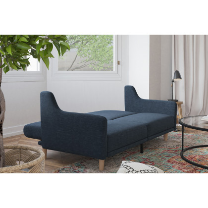 BLNK Delphine Faux Linen Premium Convertible Split Back Sofa Futon with Curved Armrests and Solid Wood Legs - Navy