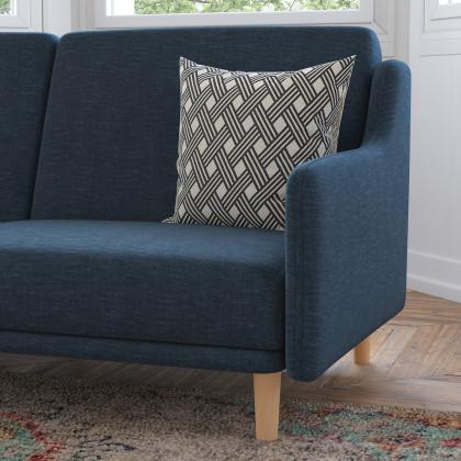 BLNK Delphine Faux Linen Premium Convertible Split Back Sofa Futon with Curved Armrests and Solid Wood Legs - Navy