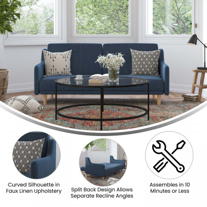 BLNK Delphine Faux Linen Premium Convertible Split Back Sofa Futon with Curved Armrests and Solid Wood Legs - Navy