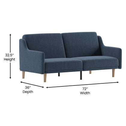 BLNK Delphine Faux Linen Premium Convertible Split Back Sofa Futon with Curved Armrests and Solid Wood Legs - Navy