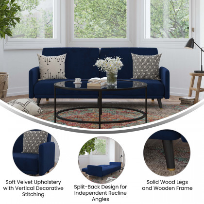 BLNK Sophia Velvet Premium Split Back Sofa Futon with Solid Wooden Legs - Navy