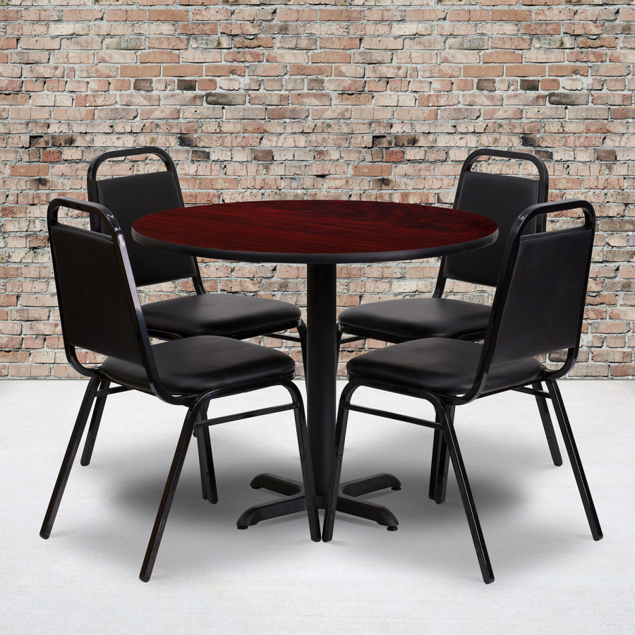BLNK Carlton Round Laminate Table Set with X-Base and 4 Black Trapezoidal Back Banquet Chairs - Mahogany