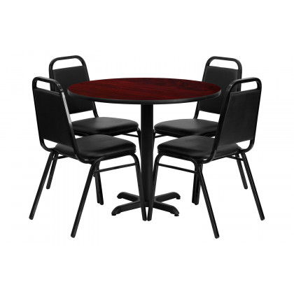 BLNK Carlton Round Laminate Table Set with X-Base and 4 Black Trapezoidal Back Banquet Chairs - Mahogany