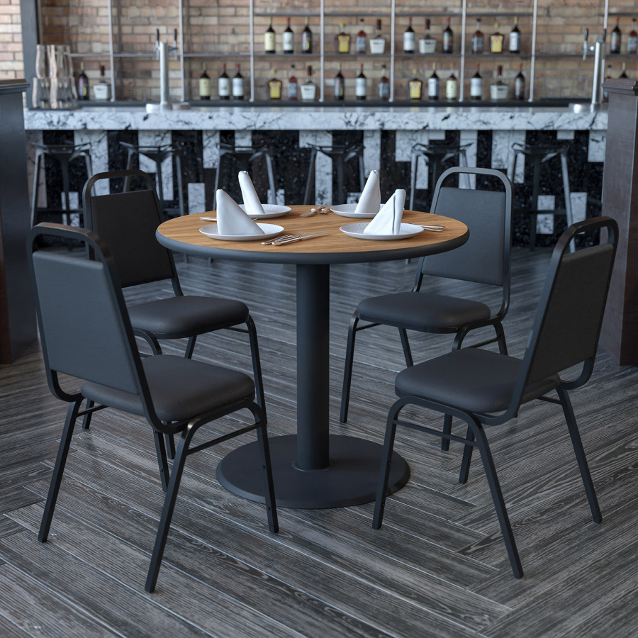 BLNK Carlton Round Laminate Table Set with X-Base and 4 Black Trapezoidal Back Banquet Chairs - Walnut