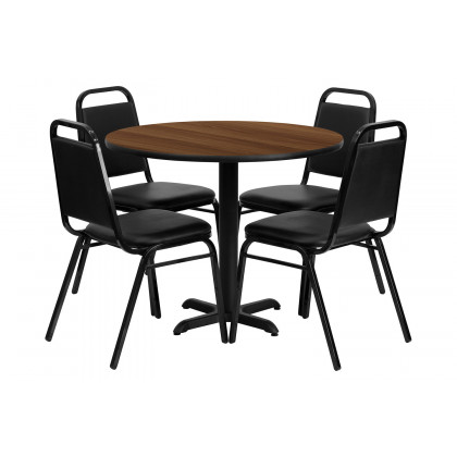 BLNK Carlton Round Laminate Table Set with X-Base and 4 Black Trapezoidal Back Banquet Chairs - Walnut