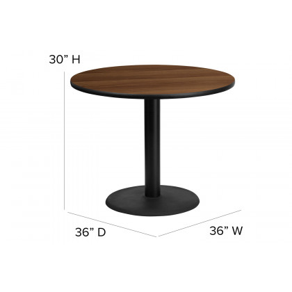 BLNK Carlton Round Laminate Table Set with X-Base and 4 Black Trapezoidal Back Banquet Chairs - Walnut
