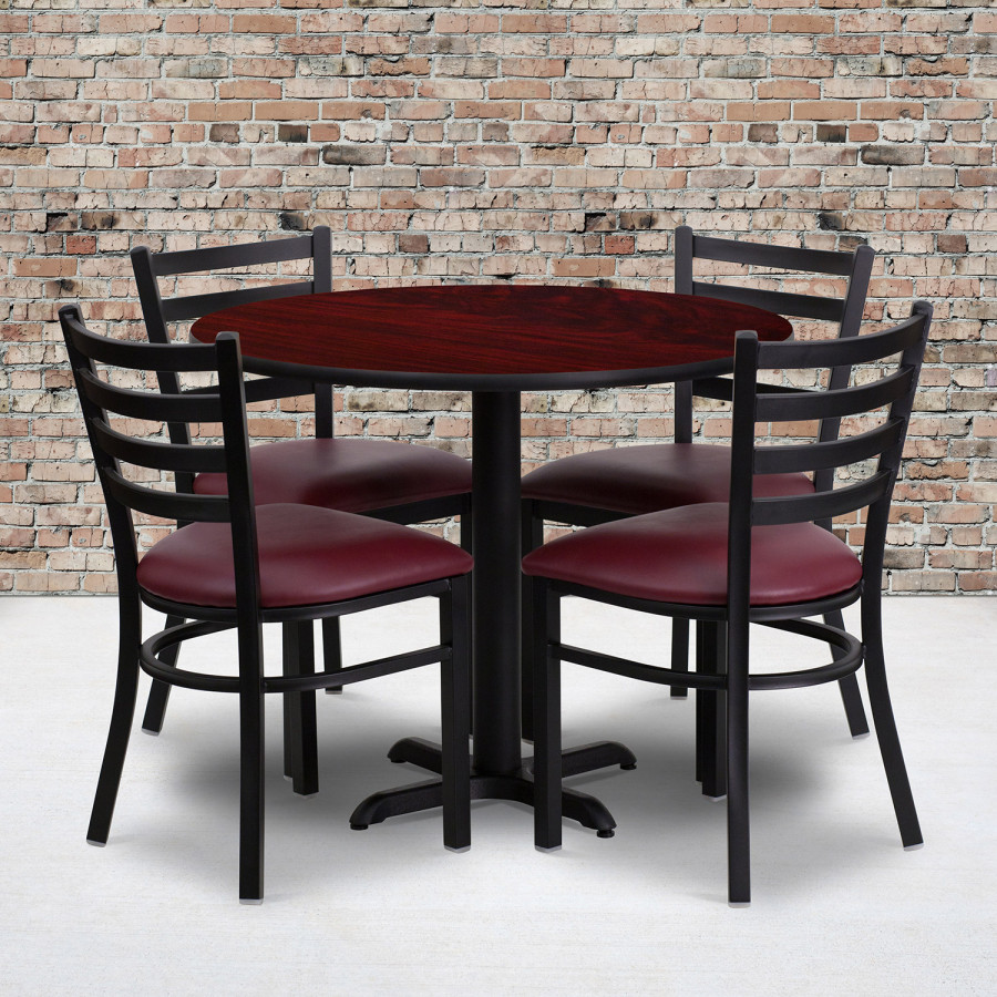 BLNK Carlton Round Mahogany Laminate Table Set with X-Base and 4 Ladder Back Metal Chairs with Vinyl Seat - Burgundy