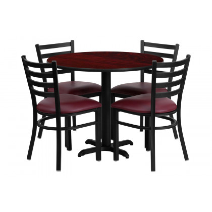 BLNK Carlton Round Mahogany Laminate Table Set with X-Base and 4 Ladder Back Metal Chairs with Vinyl Seat - Burgundy