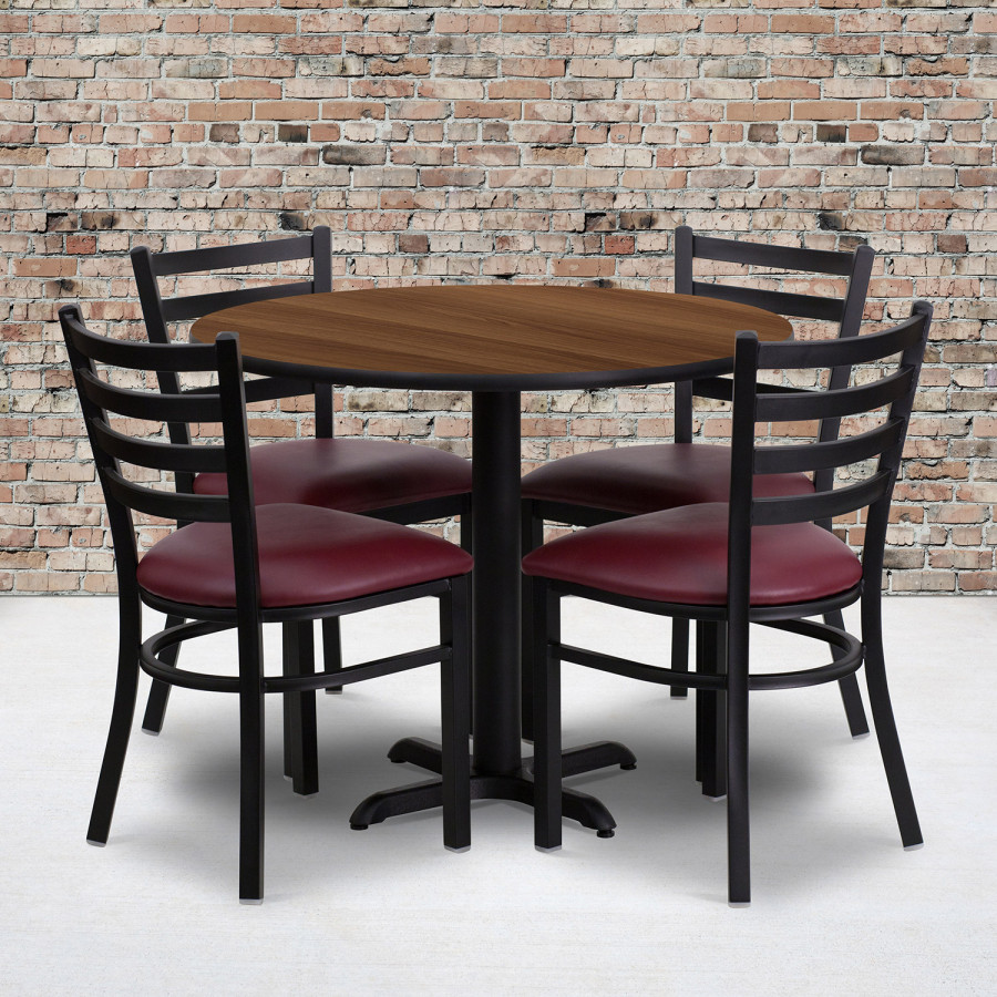 BLNK Carlton Round Walnut Laminate Table Set with X-Base and 4 Ladder Back Metal Chairs with Vinyl Seat - Burgundy