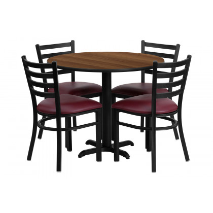 BLNK Carlton Round Walnut Laminate Table Set with X-Base and 4 Ladder Back Metal Chairs with Vinyl Seat - Burgundy