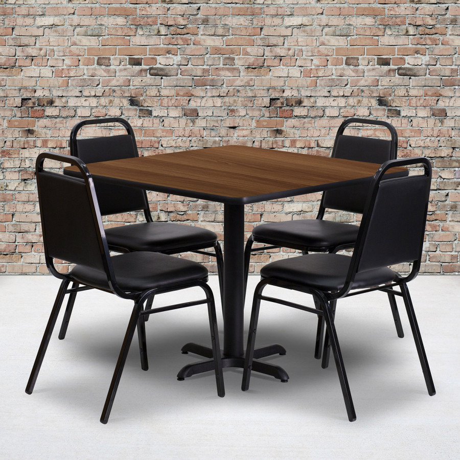 BLNK Carlton Square Laminate Table Set with X-Base and 4 Black Trapezoidal Back Banquet Chairs - Walnut