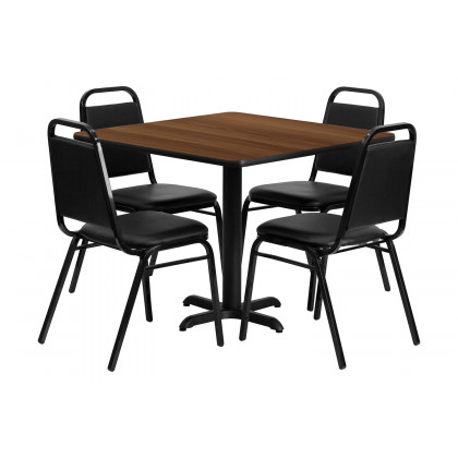 BLNK Carlton Square Laminate Table Set with X-Base and 4 Black Trapezoidal Back Banquet Chairs - Walnut