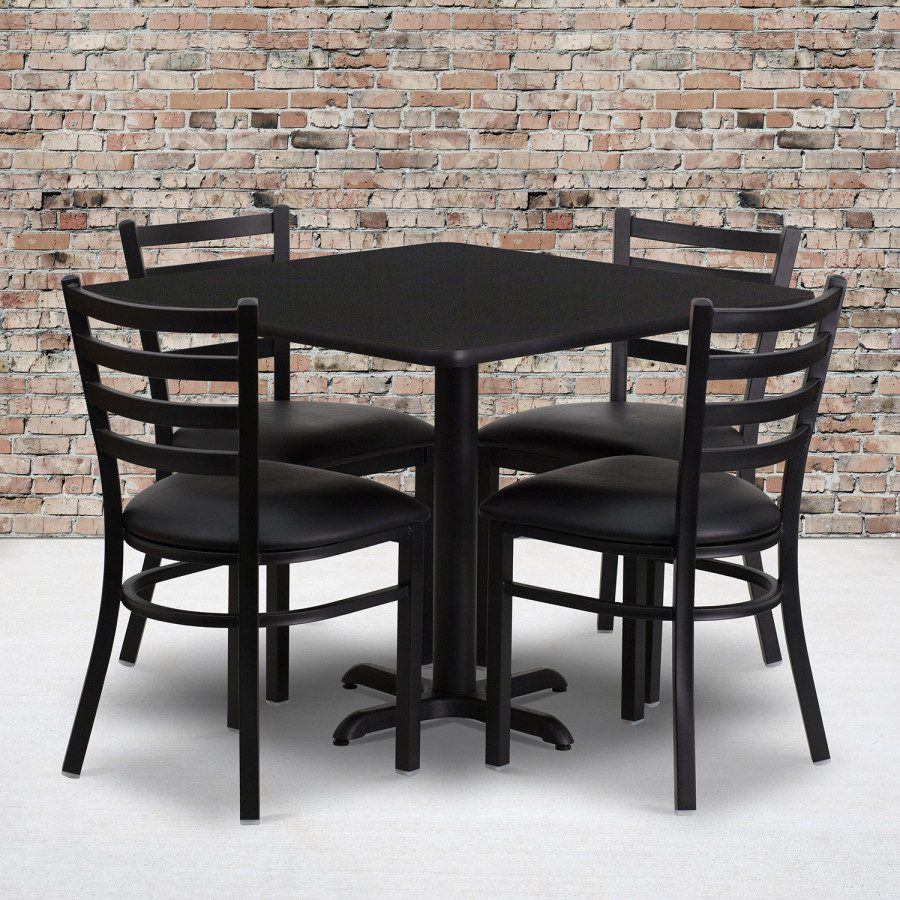 BLNK Carlton Square Laminate Table Set with X-Base and 4 Ladder Back Metal Chairs with Black Vinyl Seat - Black