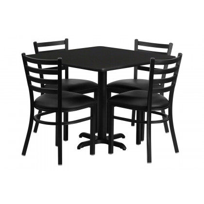 BLNK Carlton Square Laminate Table Set with X-Base and 4 Ladder Back Metal Chairs with Black Vinyl Seat - Black
