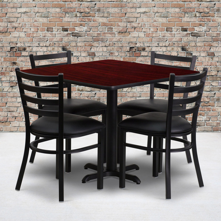 BLNK Carlton Square Laminate Table Set with X-Base and 4 Ladder Back Metal Chairs with Black Vinyl Seat - Mahogany