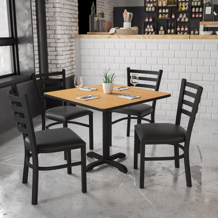 BLNK Carlton Square Laminate Table Set with X-Base and 4 Ladder Back Metal Chairs with Black Vinyl Seat - Natural