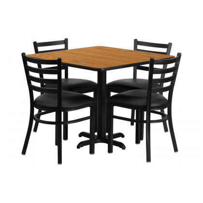 BLNK Carlton Square Laminate Table Set with X-Base and 4 Ladder Back Metal Chairs with Black Vinyl Seat - Natural