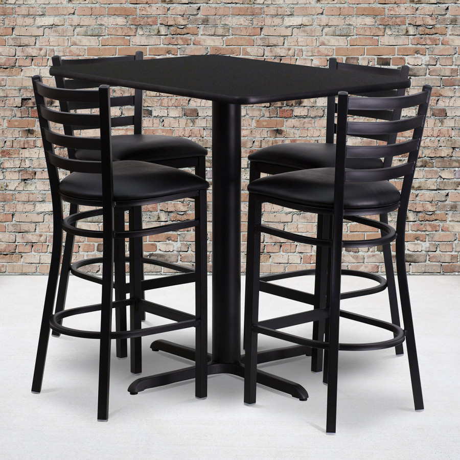 BLNK - Carlton Rectangular Laminate Table Set with 4 Ladder Back Metal Bar Stools with Black Vinyl Seat