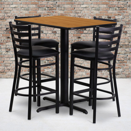 BLNK - Carlton Rectangular Laminate Table Set with 4 Ladder Back Metal Bar Stools with Black Vinyl Seat