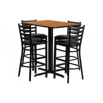 BLNK Carlton Rectangular Laminate Table Set with 4 Ladder Back Metal Bar Stools with Black Vinyl Seat - Natural