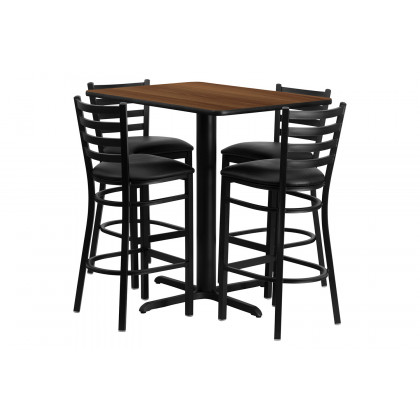 BLNK Carlton Rectangular Laminate Table Set with 4 Ladder Back Metal Bar Stools with Black Vinyl Seat - Walnut