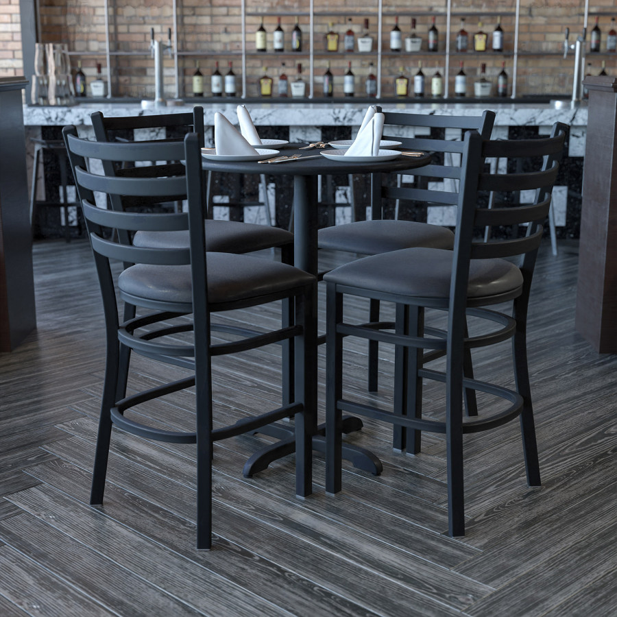 BLNK Carlton Round Laminate Table Set with X-Base and 4 Ladder Back Metal Bar Stools with Black Vinyl Seat - Black
