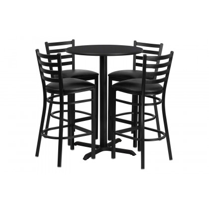 BLNK Carlton Round Laminate Table Set with X-Base and 4 Ladder Back Metal Bar Stools with Black Vinyl Seat - Black