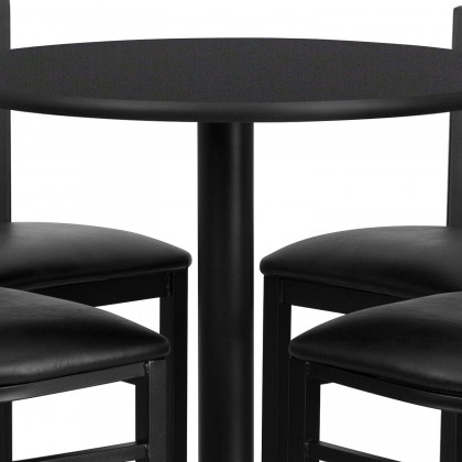 BLNK Carlton Round Laminate Table Set with X-Base and 4 Ladder Back Metal Bar Stools with Black Vinyl Seat - Black