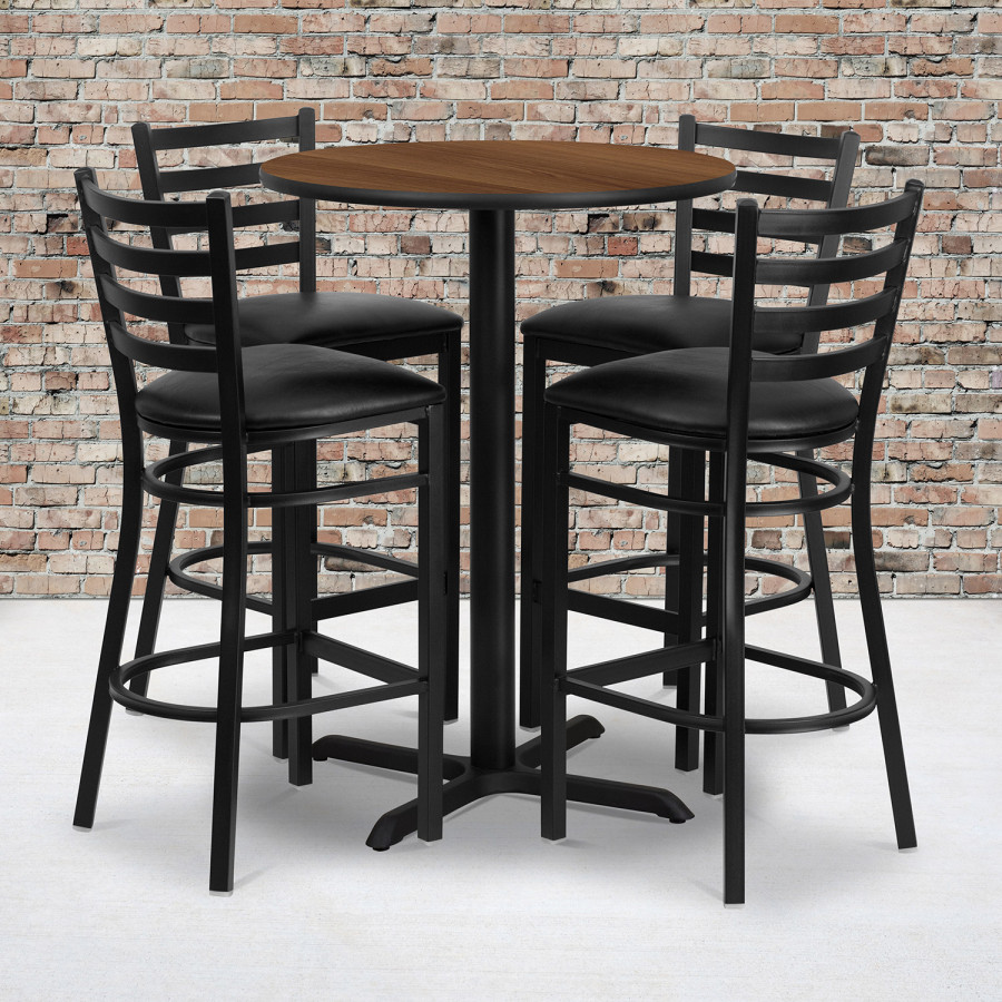 BLNK Carlton Round Laminate Table Set with X-Base and 4 Ladder Back Metal Bar Stools with Black Vinyl Seat - Walnut