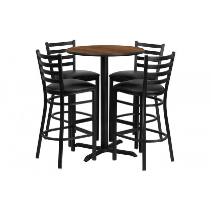 BLNK Carlton Round Laminate Table Set with X-Base and 4 Ladder Back Metal Bar Stools with Black Vinyl Seat - Walnut