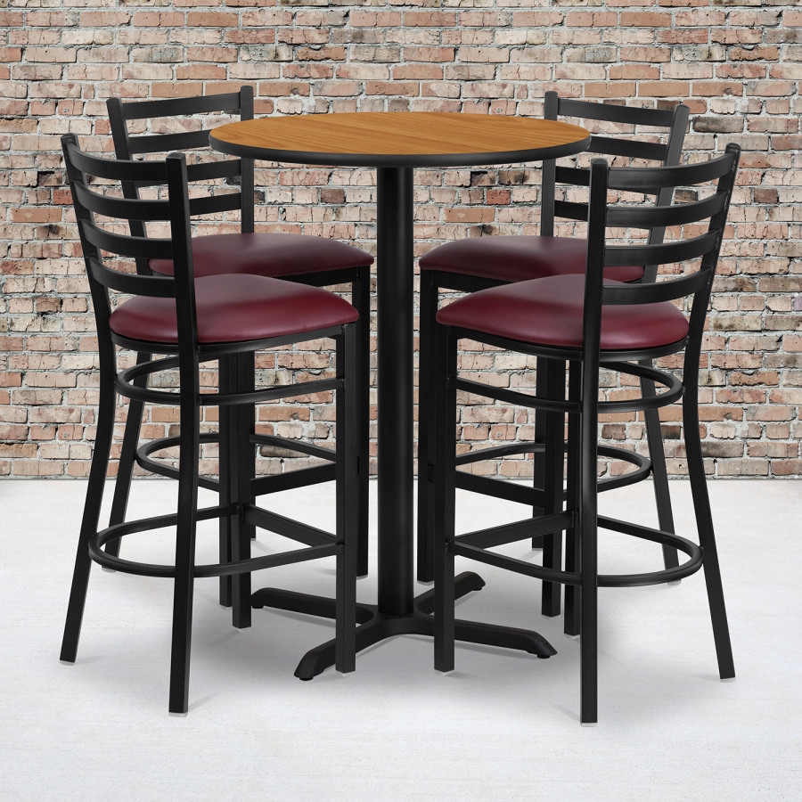 BLNK Carlton Round Laminate Table Set with X-Base and 4 Ladder Back Metal Bar Stools with Burgundy Vinyl Seat - Natural