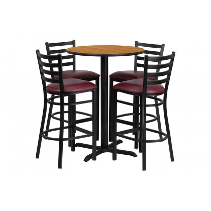 BLNK Carlton Round Laminate Table Set with X-Base and 4 Ladder Back Metal Bar Stools with Burgundy Vinyl Seat - Natural