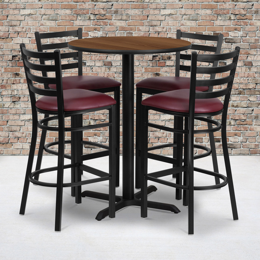 BLNK Carlton Round Laminate Table Set with X-Base and 4 Ladder Back Metal Bar Stools with Burgundy Vinyl Seat - Walnut