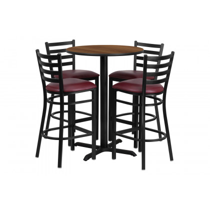 BLNK Carlton Round Laminate Table Set with X-Base and 4 Ladder Back Metal Bar Stools with Burgundy Vinyl Seat - Walnut