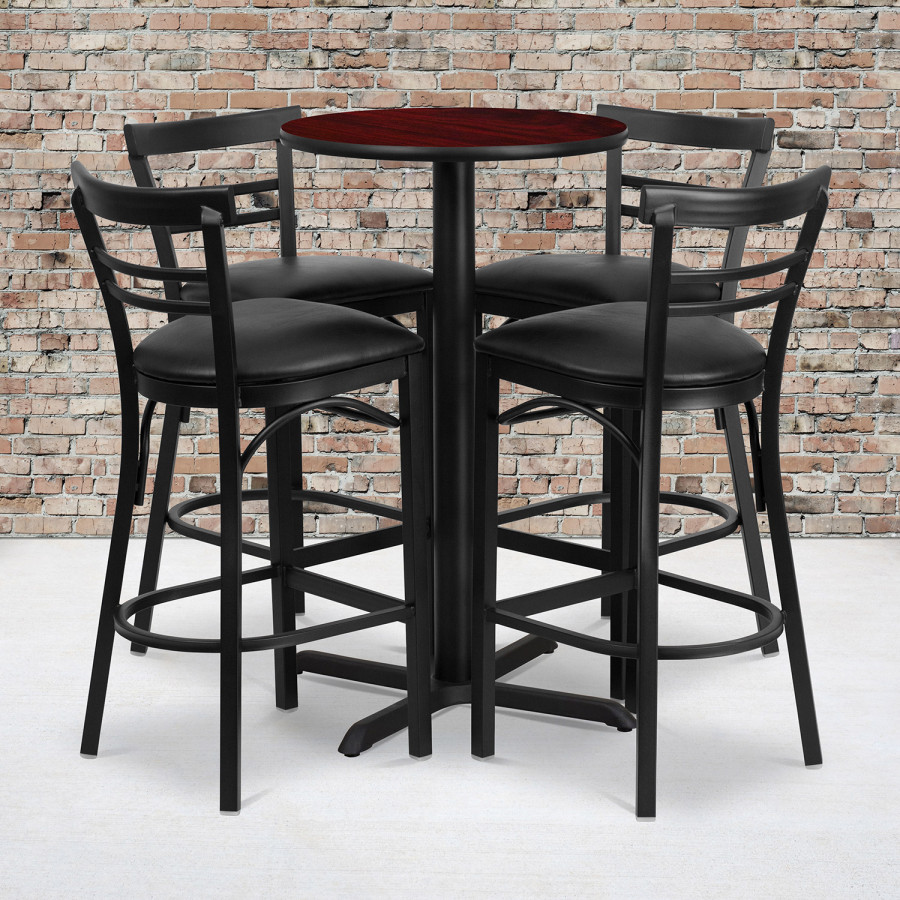 BLNK Carlton Round Laminate Table Set with X-Base and 4 Two-Slat Ladder Back Metal Bar Stools with Black Vinyl Seat - Mahogany