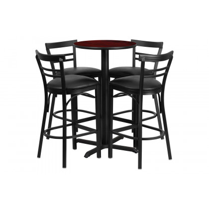 BLNK Carlton Round Laminate Table Set with X-Base and 4 Two-Slat Ladder Back Metal Bar Stools with Black Vinyl Seat - Mahogany