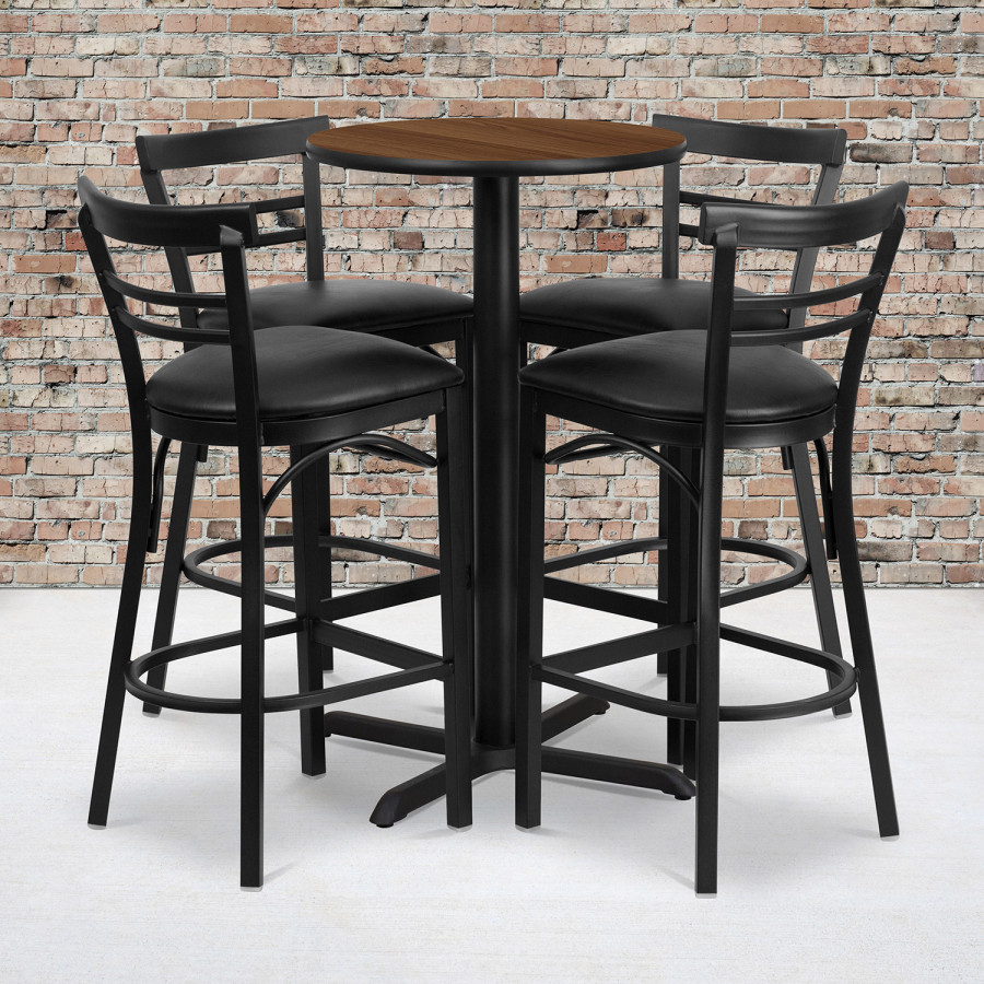 BLNK Carlton Round Laminate Table Set with X-Base and 4 Two-Slat Ladder Back Metal Bar Stools with Black Vinyl Seat - Walnut