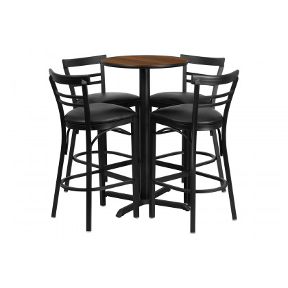BLNK Carlton Round Laminate Table Set with X-Base and 4 Two-Slat Ladder Back Metal Bar Stools with Black Vinyl Seat - Walnut