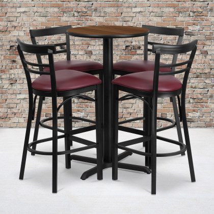 BLNK - Carlton Round Laminate Table Set with X-Base and 4 Two-Slat Ladder Back Metal Bar Stools with Burgundy Vinyl Seat