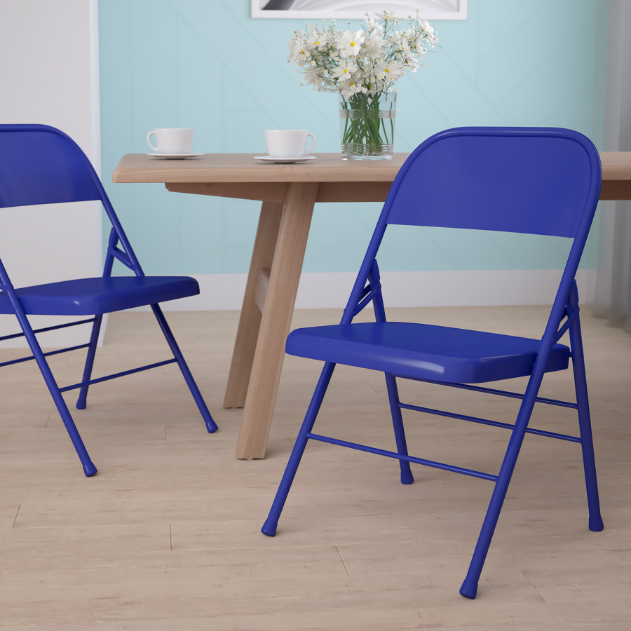 BLNK HERCULES COLORBURST Series Metal Triple Braced and Double Hinged Folding Chair - Cobalt Blue