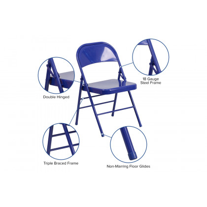 BLNK HERCULES COLORBURST Series Metal Triple Braced and Double Hinged Folding Chair - Cobalt Blue