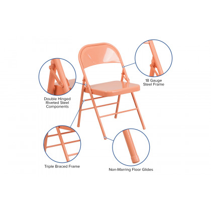 BLNK HERCULES COLORBURST Series Metal Triple Braced and Double Hinged Folding Chair - Sedona Coral