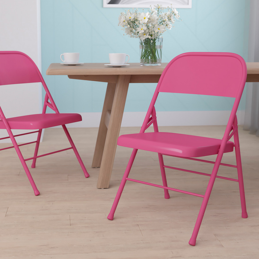 BLNK HERCULES COLORBURST Series Metal Triple Braced and Double Hinged Folding Chair - Shockingly Fuchsia