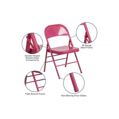 BLNK HERCULES COLORBURST Series Metal Triple Braced and Double Hinged Folding Chair - Shockingly Fuchsia