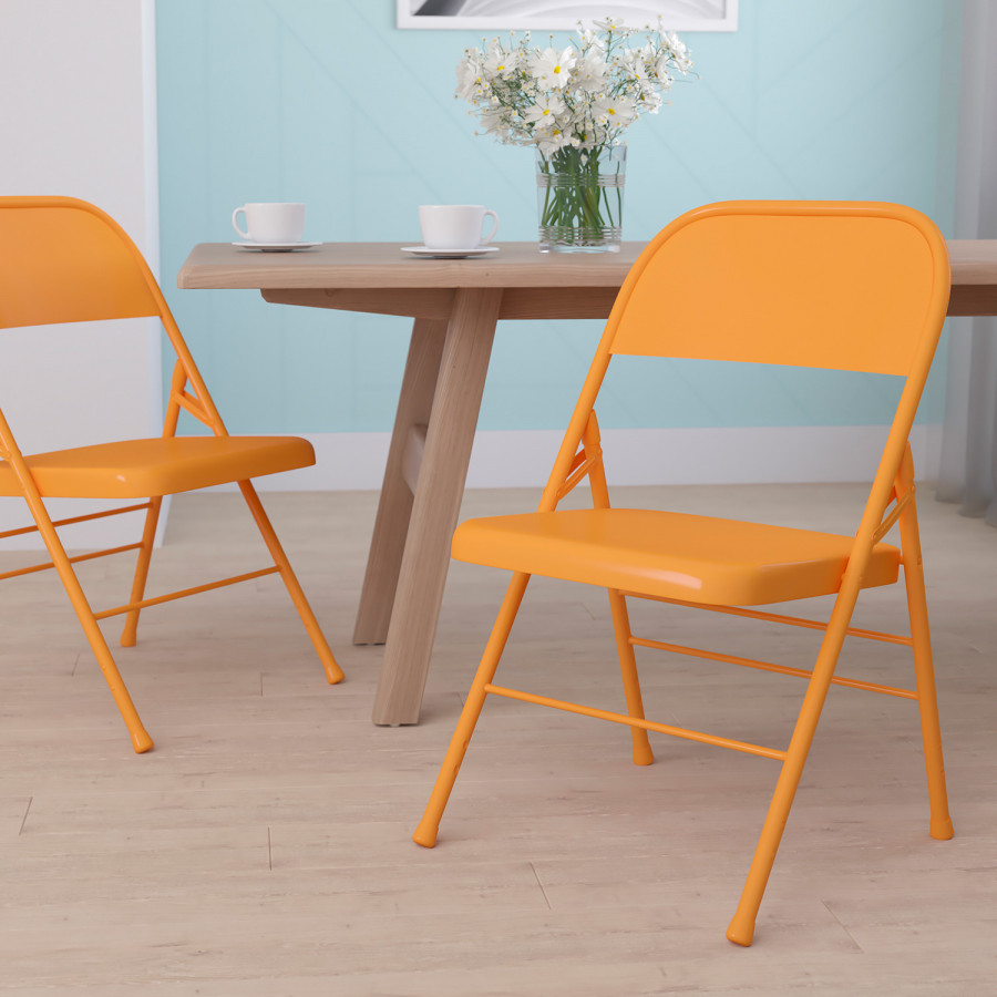 BLNK HERCULES COLORBURST Series Metal Triple Braced and Double Hinged Folding Chair - Orange Marmalade