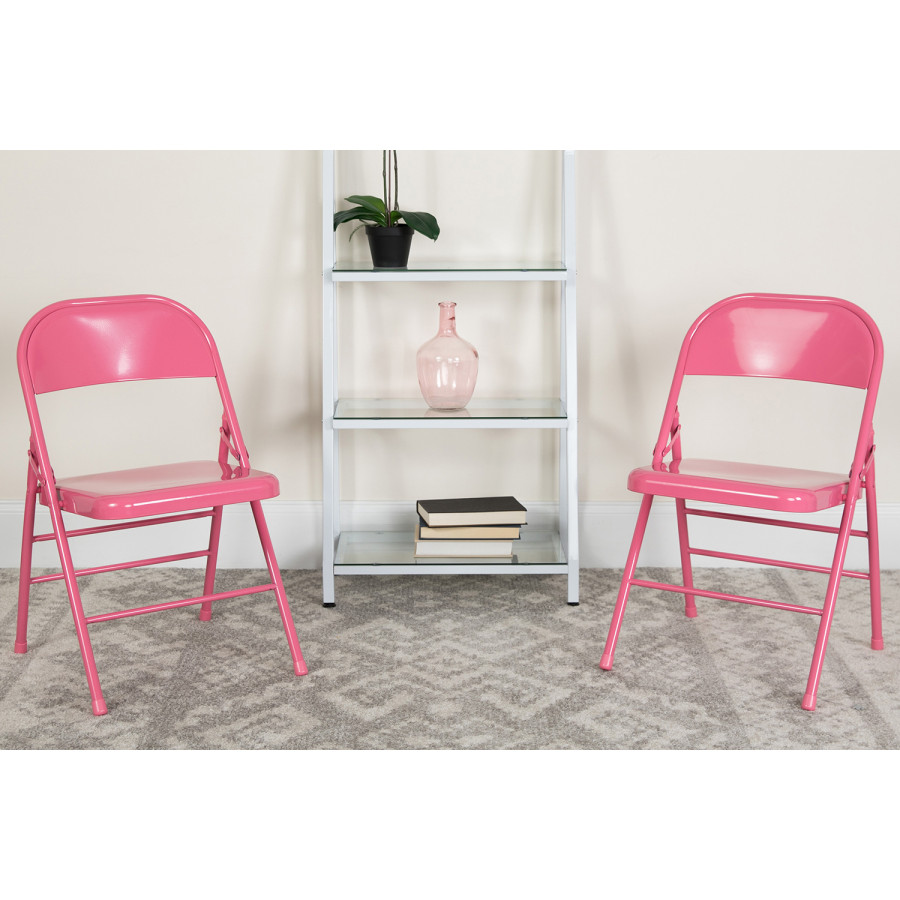 BLNK HERCULES COLORBURST Series Metal Triple Braced and Double Hinged Folding Chair - Bubblegum Pink