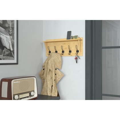 BLNK - Daly Wall Mounted Solid Pine Wood Storage Rack with Upper Shelf and 5 Hooks