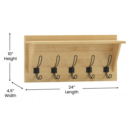 BLNK Daly Wall Mounted Solid Pine Wood Storage Rack with Upper Shelf and 5 Hooks - Bamboo
