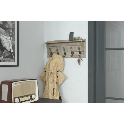 BLNK - Daly Wall Mounted Solid Pine Wood Storage Rack with Upper Shelf and 5 Hooks