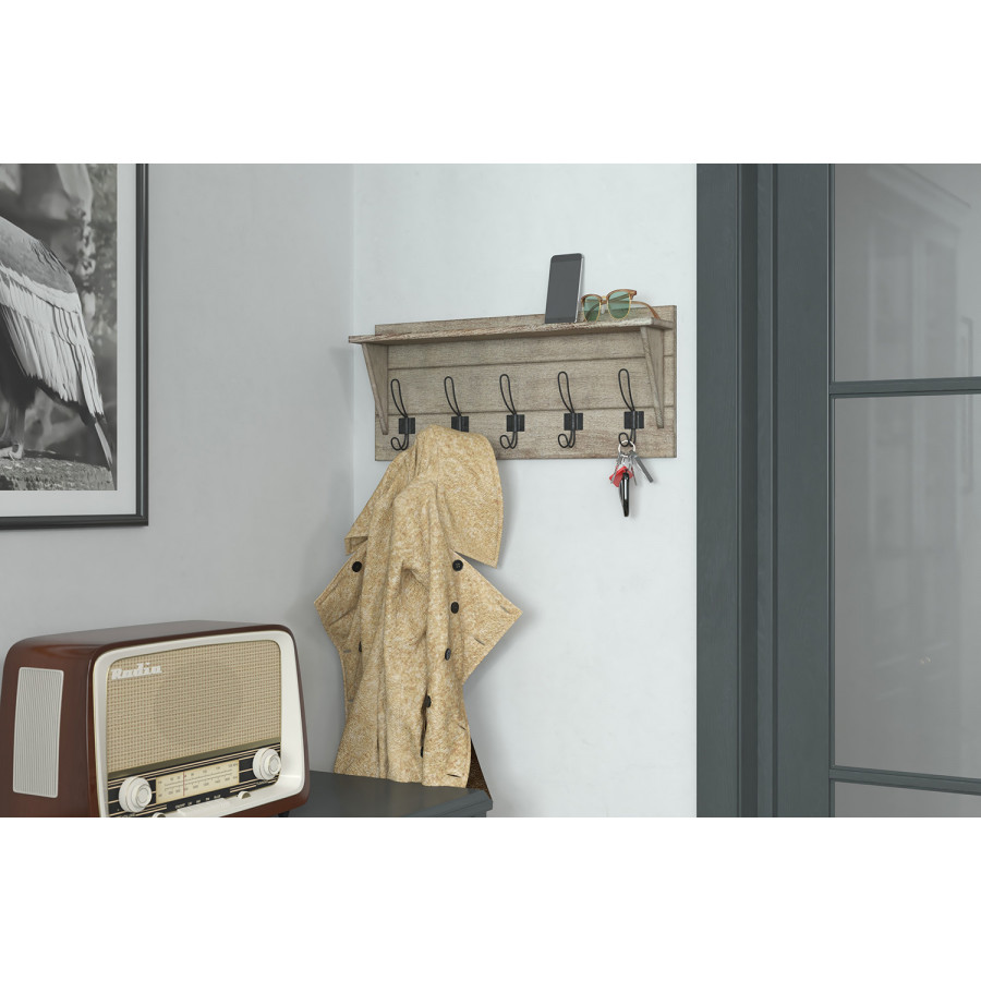 BLNK Daly Wall Mounted Solid Pine Wood Storage Rack with Upper Shelf and 5 Hooks - Weathered